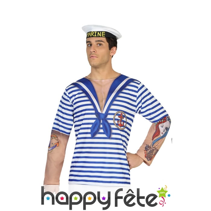 T-shirt marin ligné blanc et bleu pour homme