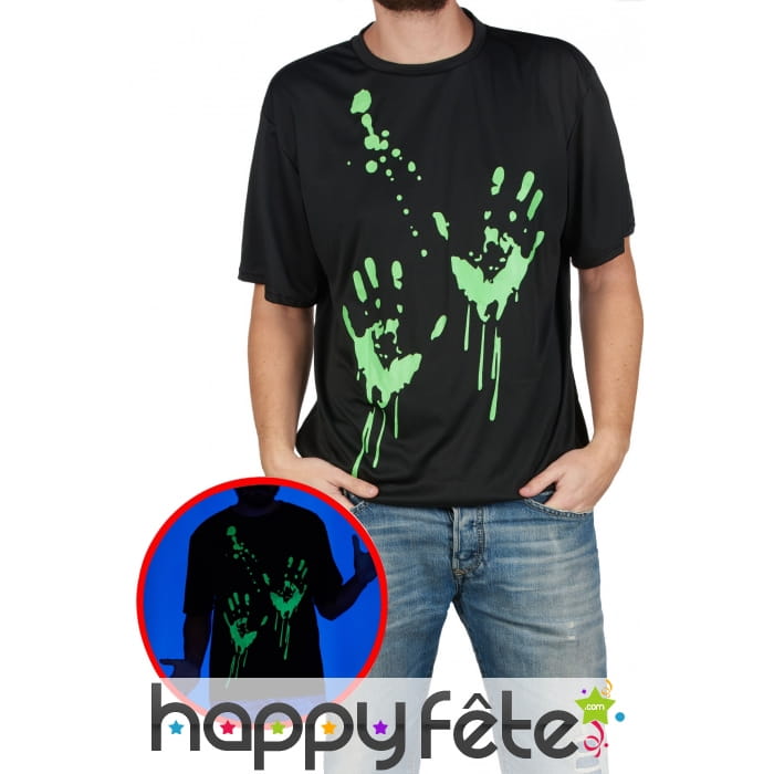T-shirt noir avec traces de mains phosphorescentes