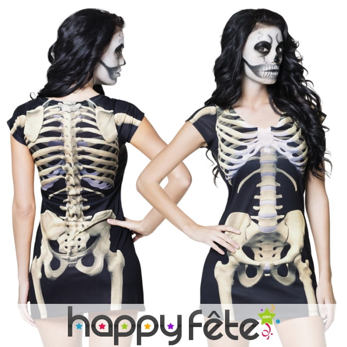 T-shirt robe courte photo-réaliste de squelette