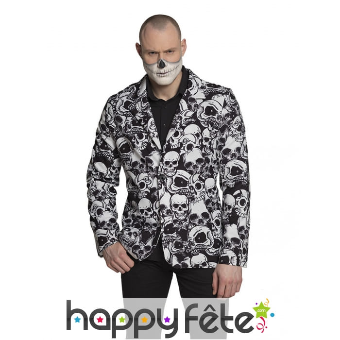 Veste de costume noire motif crânes blancs, homme