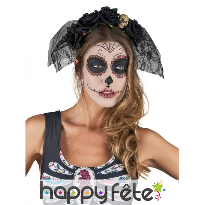 Voile Dia De Los Muertos noir avec fleurs