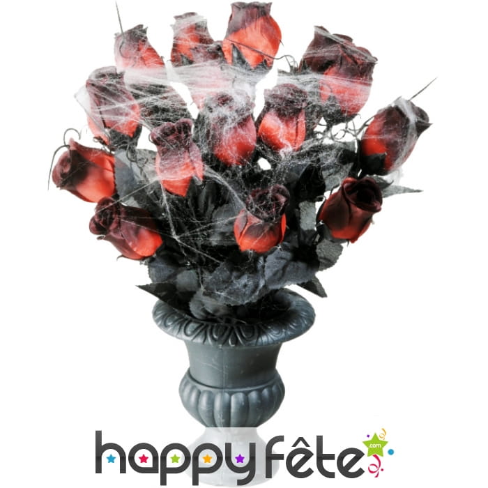Vase gothique roses rouges et toile d'araignée