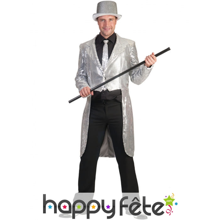 Veste queue de pie sequins argentés, homme