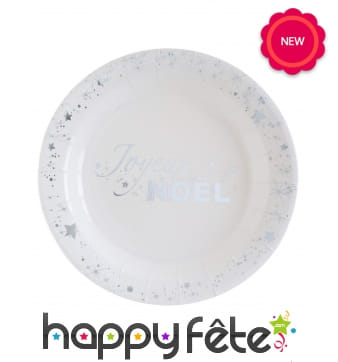 10 Assiettes blanches Joyeux Noël argenté, 18cm