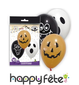 10 Ballons avec visages d'halloween, 28 cm