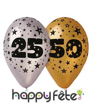 10 ballons noces d'or, dorés avec impression noire