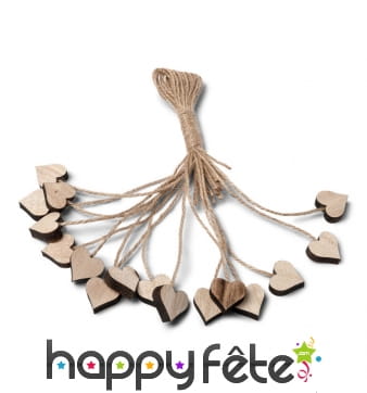 16 Coeurs marque place en bois sur ficelle