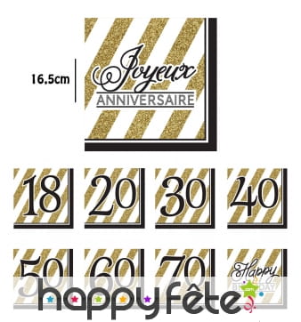 16 Serviettes d'anniversaire noir et or