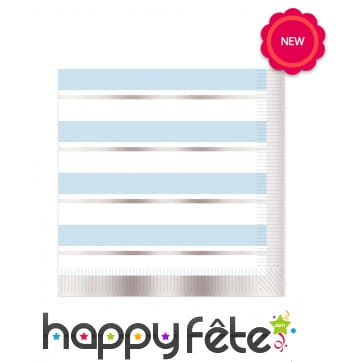 16 Serviettes en papier blanc rayé bleu