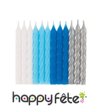 24 Bougies blanc bleu argent d'anniversaire, 7 cm