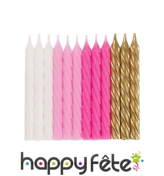 24 Bougies blanc rose or d'anniversaire, 7 cm