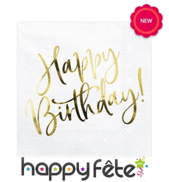 20 Serviettes blanches imprimé Happy Birthday doré