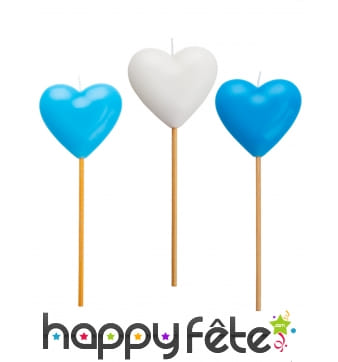 3 Bougies en forme de coeur bleu et blanc de 20 cm
