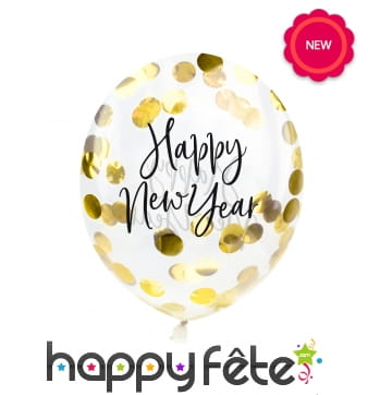 3 ballons Happy New Year transparent confettis or