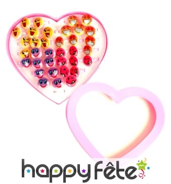36 bagues smiley avec présentoir en forme de coeur