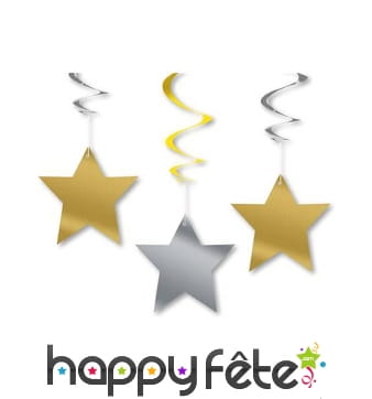 3 étoiles dorées et argentées à suspendre