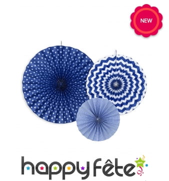 3 éventails ronds coloris bleus, 40,32 et 23cm