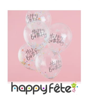 5 Ballons confettis Happy birthday transparents