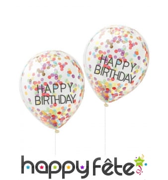 5 Ballons Happy birthday transparents confettis