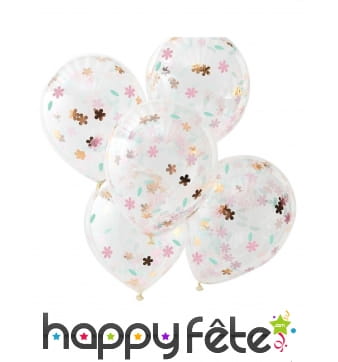 5 Ballons transparents imprimé confettis fleurs