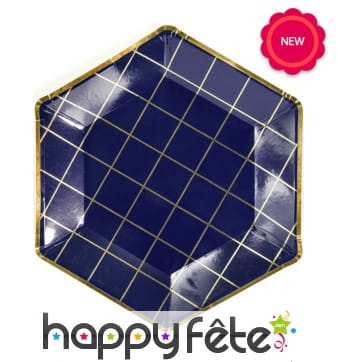 6 Assiettes bleues et dorées de 23cm, hexagonales
