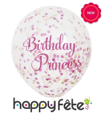 6 Ballons Birthday Princess transparent, confettis