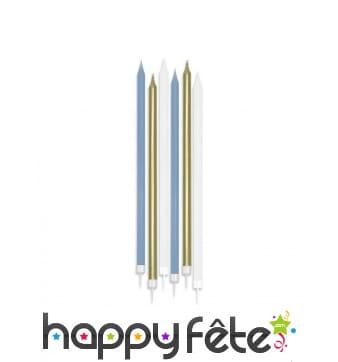 6 bougies blanc bleu doré de 15cm