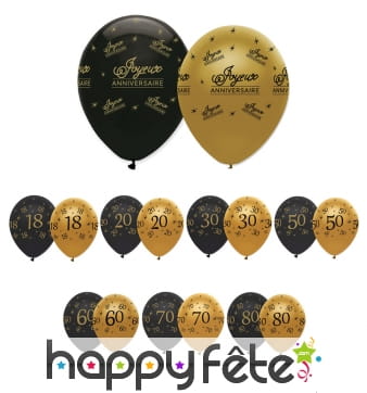 6 Ballons d'anniversaire noir et or