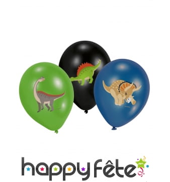 6 Ballons Dinosaures noir vert bleu de 27,5 cm