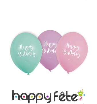 6 Ballons Happy Birthday colorés pastel de 23 cm