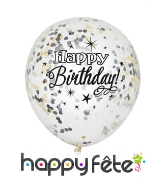 6 Ballons Happy Birthday confettis argent or