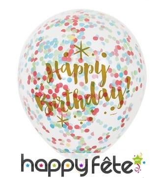 6 Ballons Happy Birthday confettis colorées