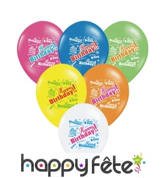 6 Ballons Happy Birthday de toutes les couleurs