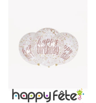6 Ballons happy birthday transparents à confettis