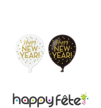 6 Ballons Happy New Year en latex noir et blanc
