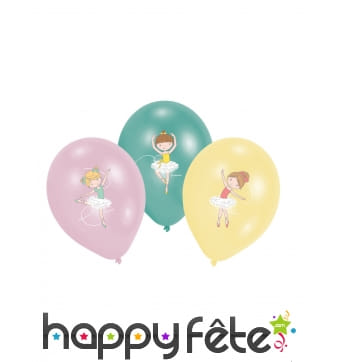 6 Ballons imprimé danseuse rose vert jaune, 27,5cm