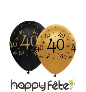6 Ballons noir et doré imprimé 40 ans