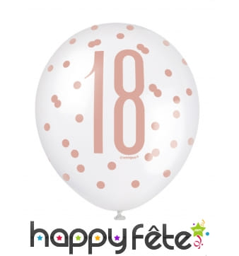 6 Ballons nombre 18 blancs et roses à pois, 30 cm