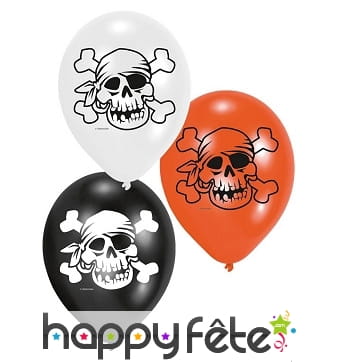 6 Ballons pirates imprimés tête de mort
