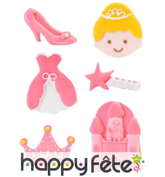 6 Décorations rose de princesse en sucre, 4 cm