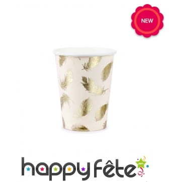 6 gobelets blancs motifs plumes dorées