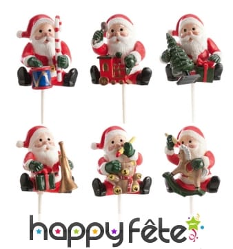 6 Pères Noël sur pic pour bûche
