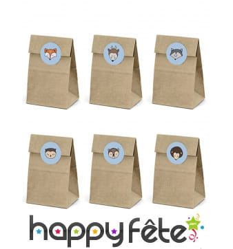 6 Sacs Kraft avec autocollant animal, 18,5 cm