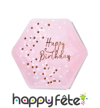 8 Assiettes hexagonales rose Happy Birthday