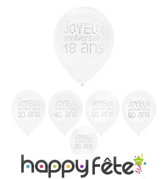 8 Ballons blancs danniversaire avec âge imprimé