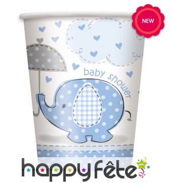 8 Gobelets éléphant bleu Baby Shower