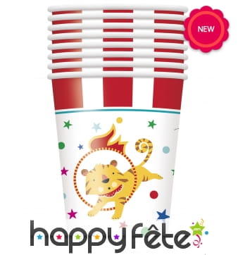 8 Gobelets lion dans cercle de feu, cirque