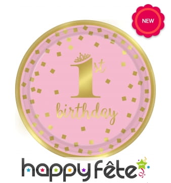 Assiettes 1st Birthday rose et doré, 23cm. Par 8