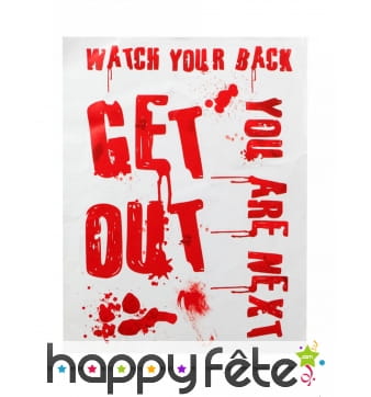 Affiche get out avec tâches de sang, 42 x 19 cm