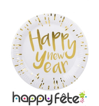 Assiettes rondes imprimées Happy New Year doré